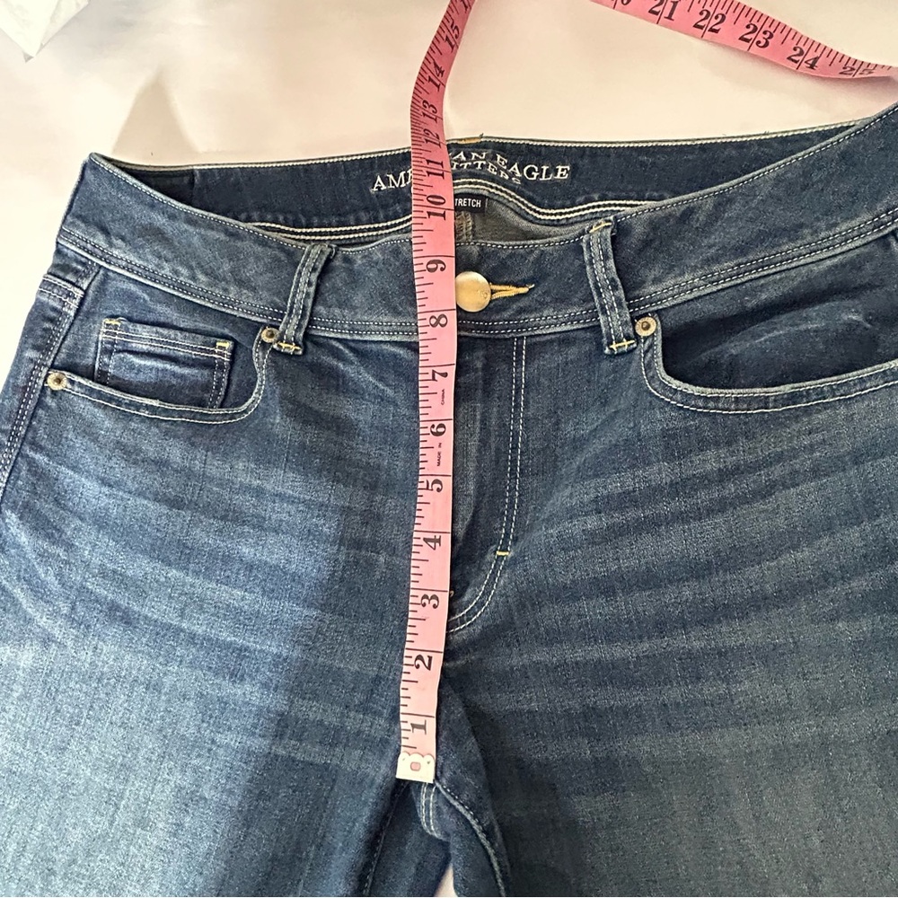 American Eagle Kick Boot Jeans Womens 14 X Long Dark Blue Denim Stretch Distress - Picture 9 of 14